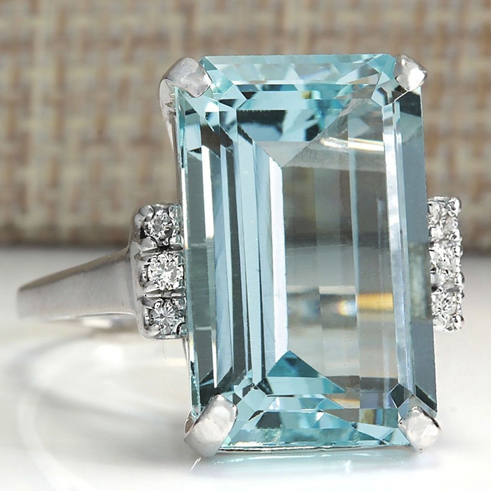 Grote Zuur Blauw Cz Zirkoon Steen Vintage Zilveren Ringen Voor Vrouwen Mode Bruiloft Engagement Sieraden Ring