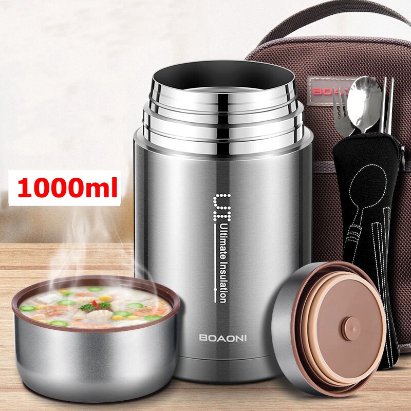 BOAONI 800ml/1000ml Food Thermal Jar Vacuum Insulated Soup Thermos Containers 316 Stainless Steel Lunch Box with Folding Spoon: steel 1000ml