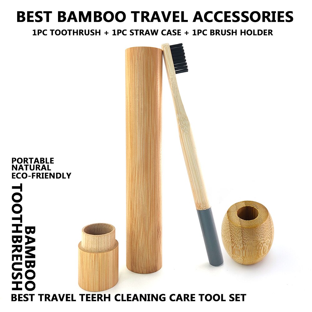 Colorful Column Bamboo Toothbrush Top Flat Portable Travel Set with Bamboo Tube Bamboo Case Natural Wooden Toothbrush Holder: Grey