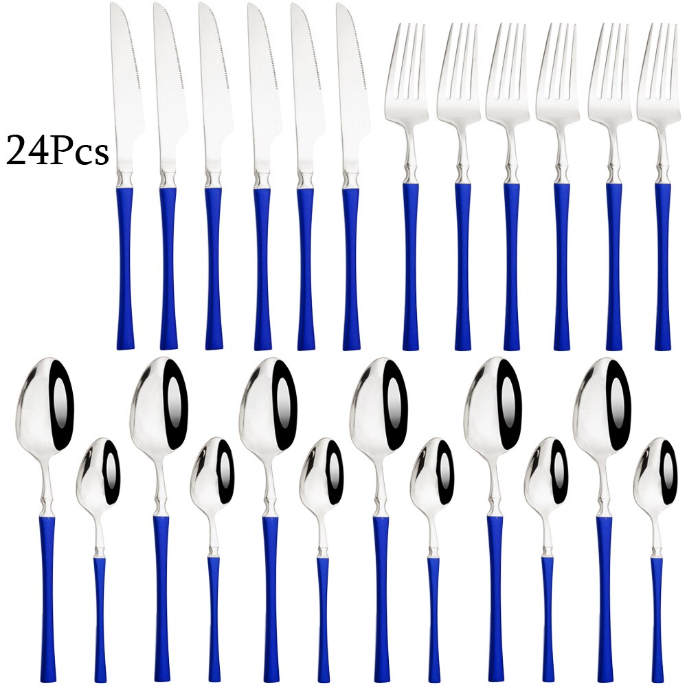 Couverts arc-en-ciel en acier inoxydable 304, 24 pièces, miroir, vaisselle, couteau, fourchette, cuillère à thé, couverts de cuisine, service d'argenterie: Blue silver
