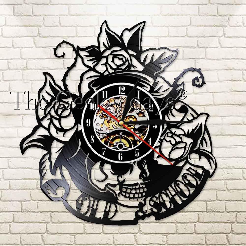 Cd vinil registro relógio de parede do vintage antigo estilo escola preto decoração da casa relógio de parede led crânio flores rosas para tattooist presente