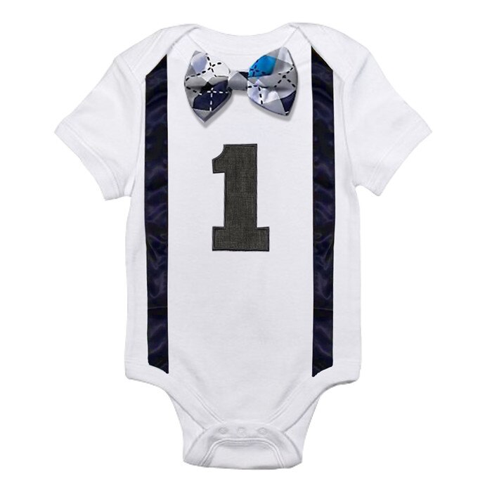 Um tamanho de algodão bebê menino macacão traje crianças carta macacões 1st aniversário outfits recém-nascidos meninos roupas do bebê 12 meses: R4