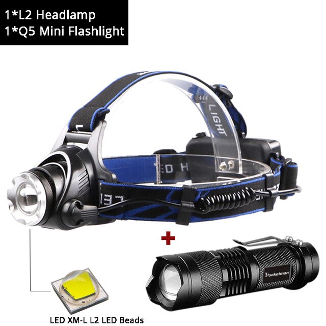 Genopladelig  t6/l2 forlygter zoombar vandtæt led-forlygte  q5 lommelygter håndfri lommelygte til vandreture, camping løb: Type e