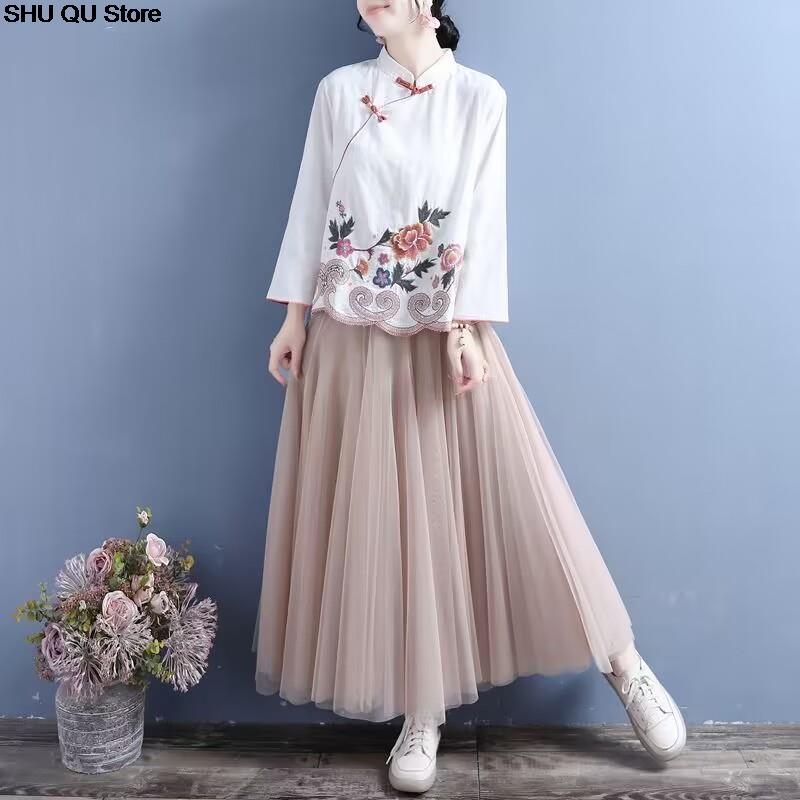 Chinesischen Stil Bestickt Baumwolle Leinen Shirts Frühling Sommer Retro Zugeknöpft Lange ärmeln Stand-up Kragen Kleidung Lose Tops