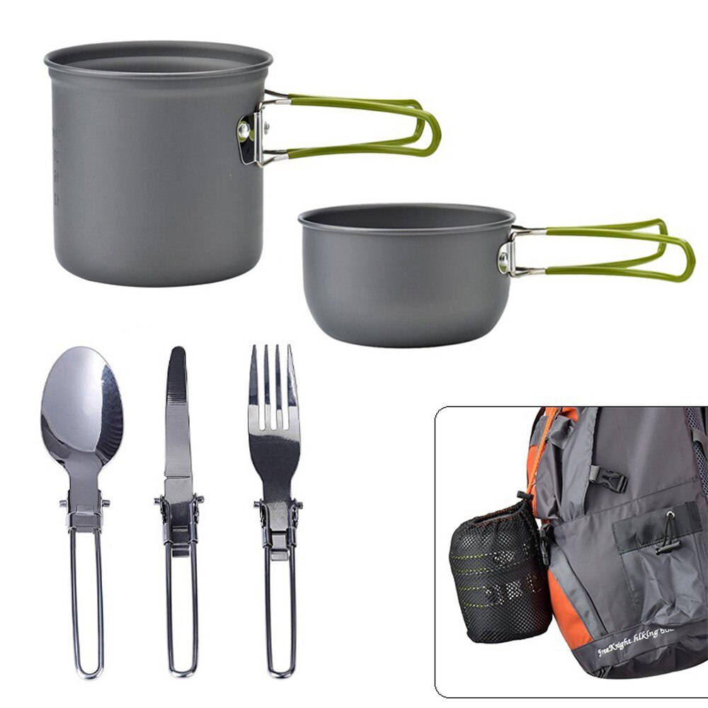 Ultralette camping køkkengrej sæt redskaber udendørs bordservice vandreture picnic camping madlavning gryde pan gaffel ske campingudstyr