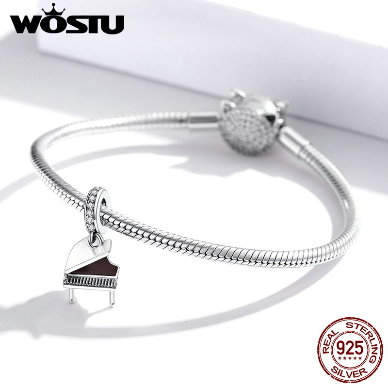 Wostu nowe amulety 925 srebro proste fortepian wisiorek instrument muzyczny koraliki dopasowanie bransoletka naszyjniki DIY biżuteria FIC1733