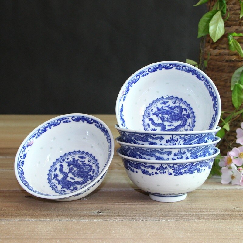 Jingdezhen Blau und Weiß Porzellan Geschirr Keramik exquisit Schüssel Porzellan Schüssel 5 Zoll Reis Schüssel einstellen Haushalt Schüssel und Erzähler: 5 Zoll Linglong doppelt Chinesisch Drachen 5