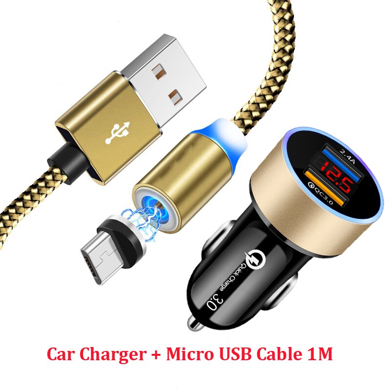 LED Diaplay QC 3.0 Car Charger Magnetic Micro USB Cable For Samsung S4 S6 S7 J3 J7 A3 A6 A7 A8 OPPO A5 A9 Phones: A Set of Gold