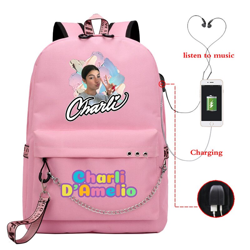 Mochila Feminina Women Backpack Charli School Bags Usb Charge Laptop Back Pack Men Charli Damelio Bags for Teenage Girls Travel: 810-527-Charli-B 9