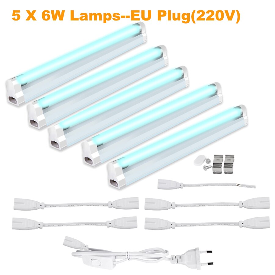 LED Light Bulb T5 Tube 6W/8W Ultraviolet Germicidal Lamp Sterilizer Kill Dust Mite Bactericidal Quartz Lamp For Bedroom Hospital: 5PCS 6W 220V EU Plug