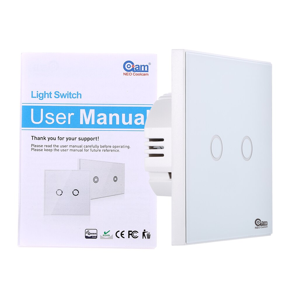 NEO COOLCAM NAS-SC01Z interruptor de luz de pared z-wave Plus, 2CH Gang Home Automation Z wave, interruptor de luz de Control remoto inalámbrico