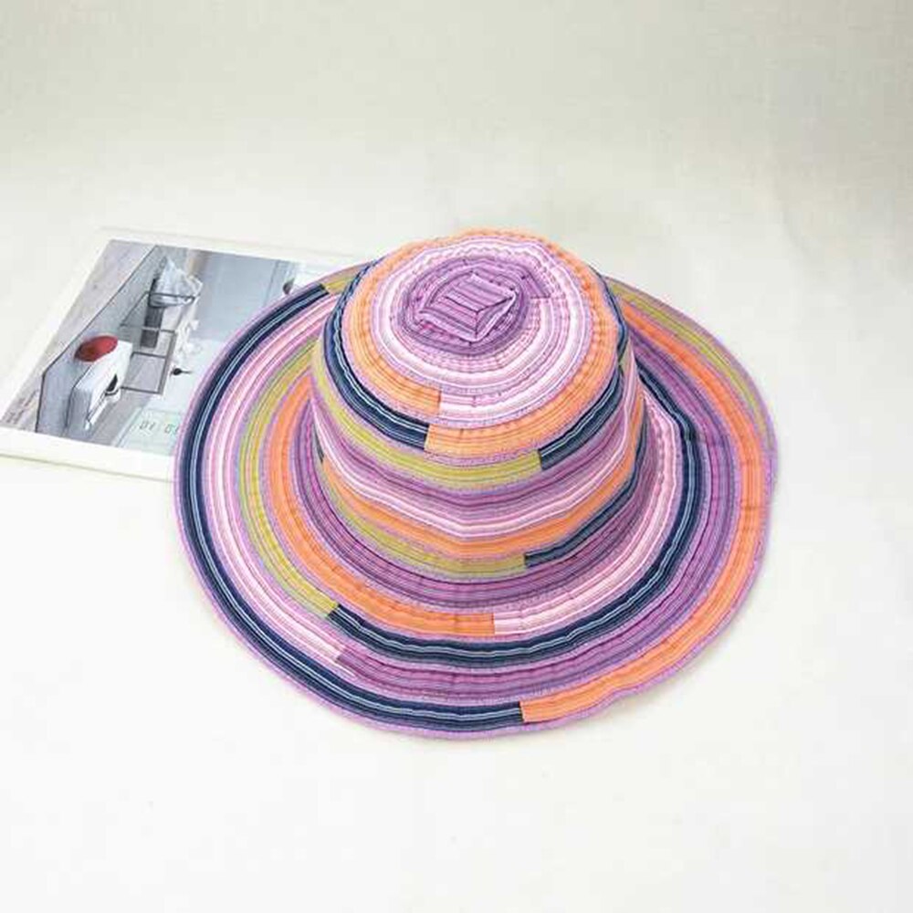 Sommer kvinner hattemaker avlet side solhatt bøttehette kvinner reiser stripet Strand sammenleggbare bomullshatter jenter solhatt: 6