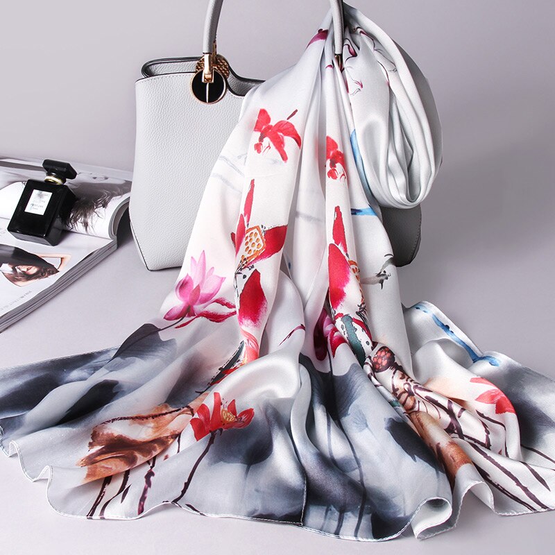 100% Silk Scarves Women Real Silk Scarf Wraps for Mom Printed Echarpe Long Natural Silk Foulard Femme Shawls