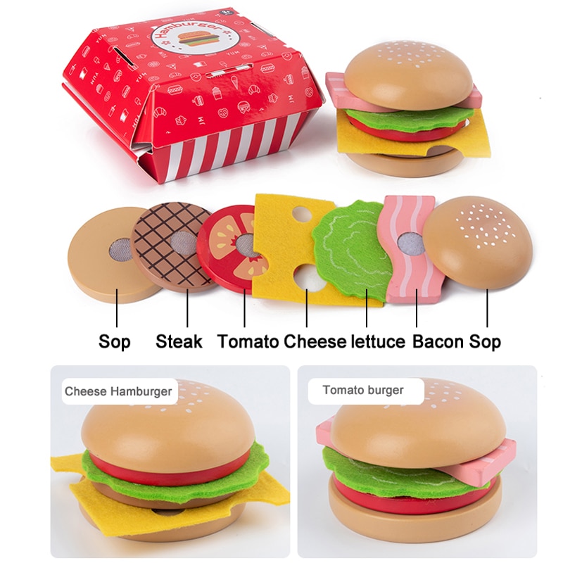 Baby toy Kitchen toys Burger Set Real life Cosplay Monterssori Educational Wooden toys for Children Party Game