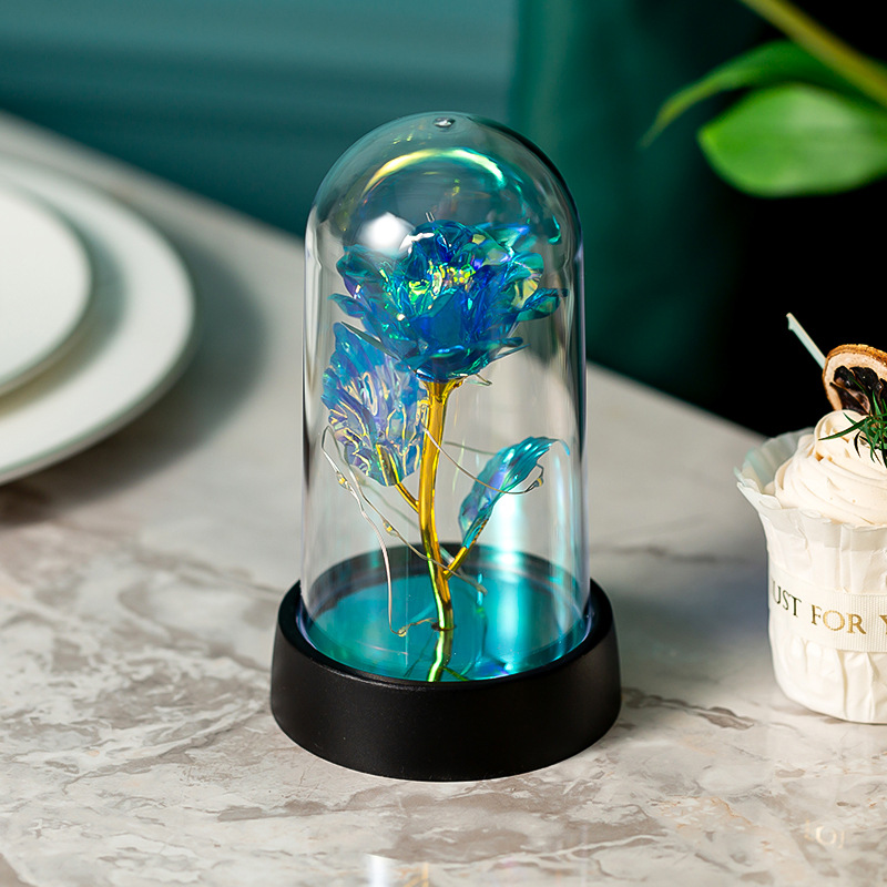 Galakserose kunstige blomster nattlys evig blomst glassdeksel ledet evig blomsterlampe valentinsdag bryllupsfest: Mørke blå