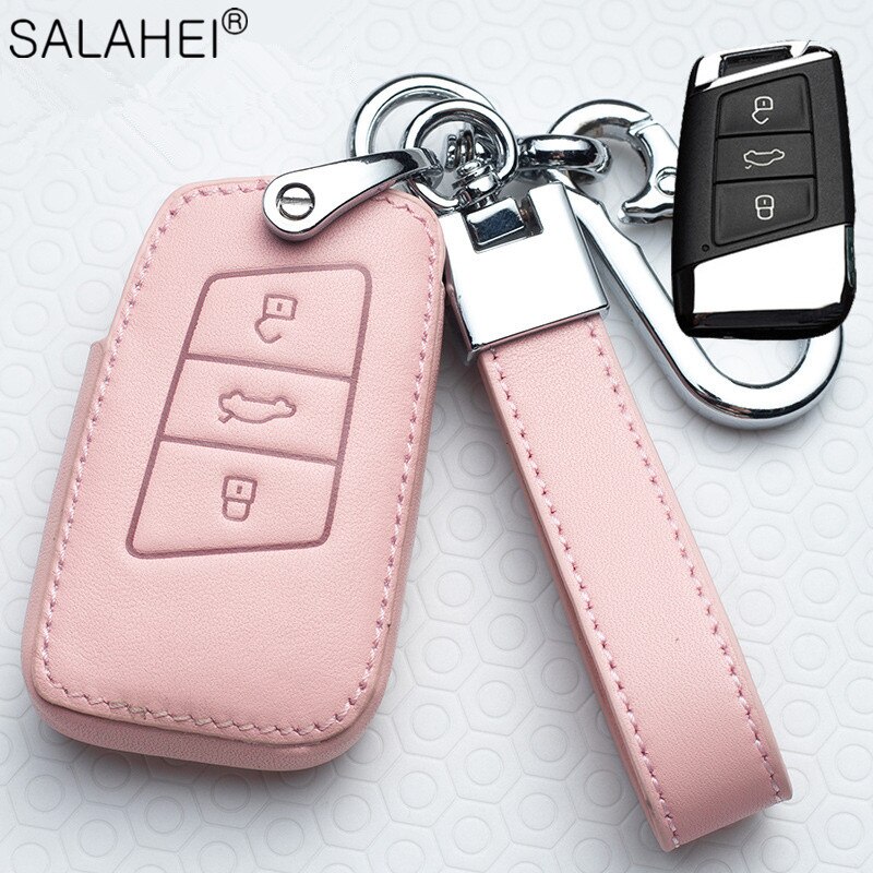 Læder bilnøgle etui fuld beskyttelse til volkswagen vw jetta golf 7 mk7 seat ibiza leon  fr2 altea aztec polo passat tiguan: C-pink-nøglering