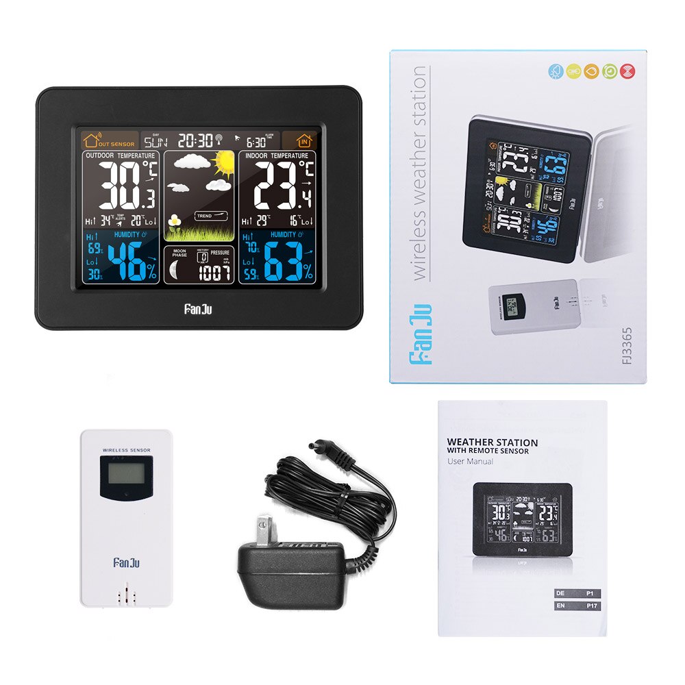 FanJu FJ3365 wewnętrzny/zewnętrzny bezprzewodowy termometr higrometr profesjonalny elektroniczny miernik temperatury i wilgotności stacja pogodowa: czarny  US wtyczka