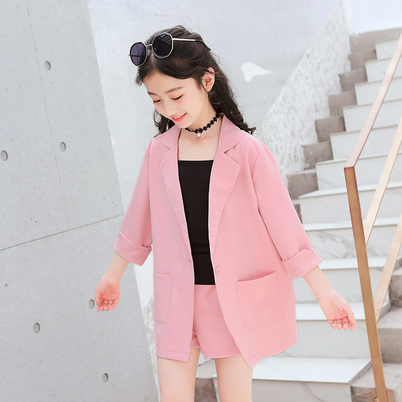 3Pcs Meisjes Pakken Kids Blazer Jacket + Vest + Shorts Outfits Kinderen Smoking Pak Voor Meisjes Blazer Wedding Party roze Grijs Kleur
