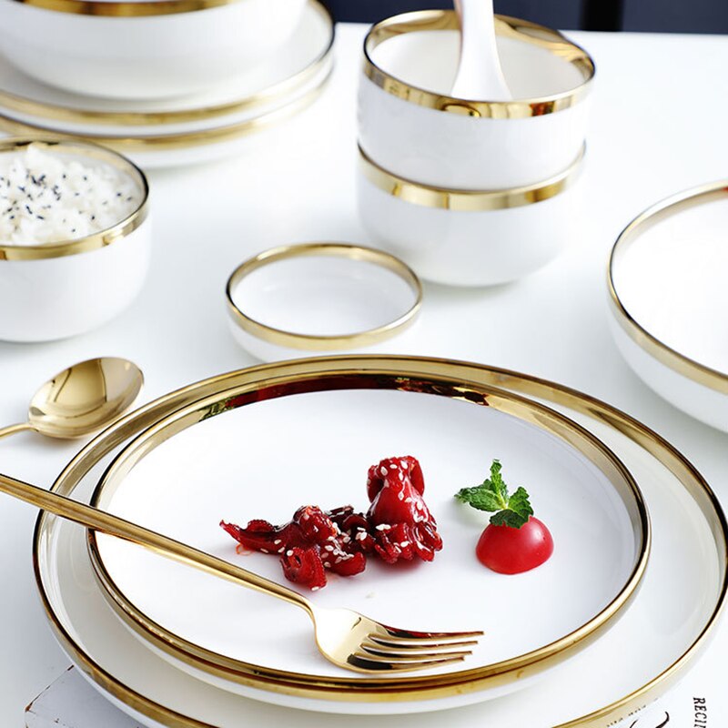 Ceramic Gold Plated Edge Plate Tableware Set White Porcelain Dinner Plate Household Kitchen Rice Bowl Salad Dish Steak Tray