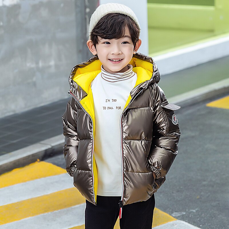 Winter Kinderen Zilveren Down Katoen Gevoerde Grote Kinderkleding Gewatteerde Korte Jas Jongens En Meisjes Hooded Jas: Goud / 140CM