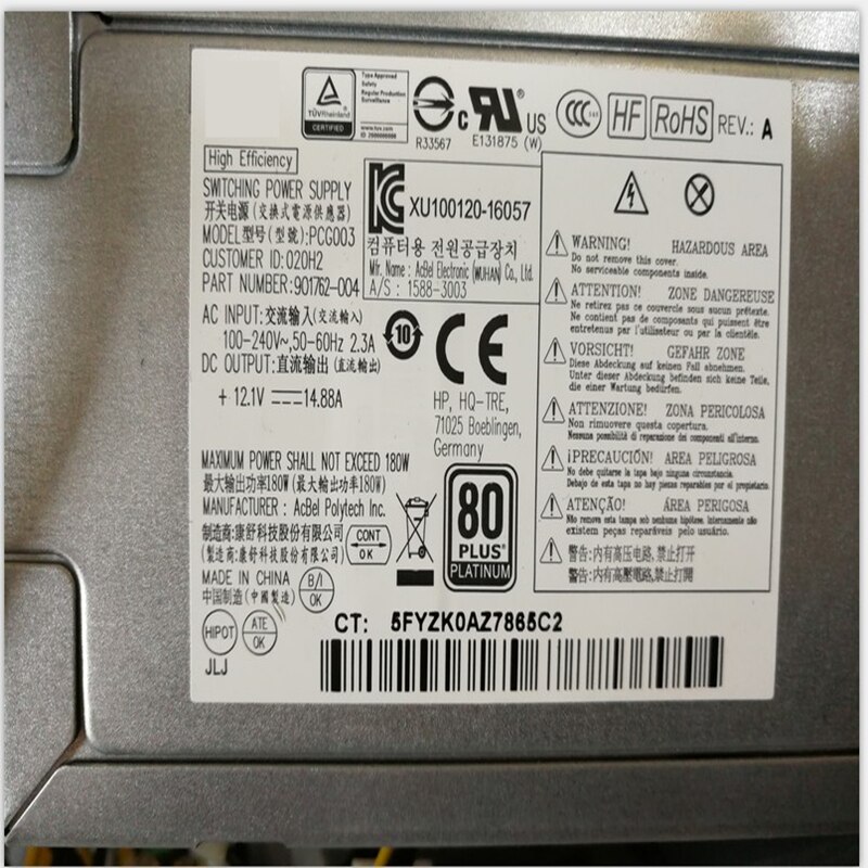 PSU For HP 800 600 480 400 280 G3 G4 180W Power Supply DPS-180AB-25 A 901762-001/002/004 PA-1181-6HV PCG003 D16-180P3A