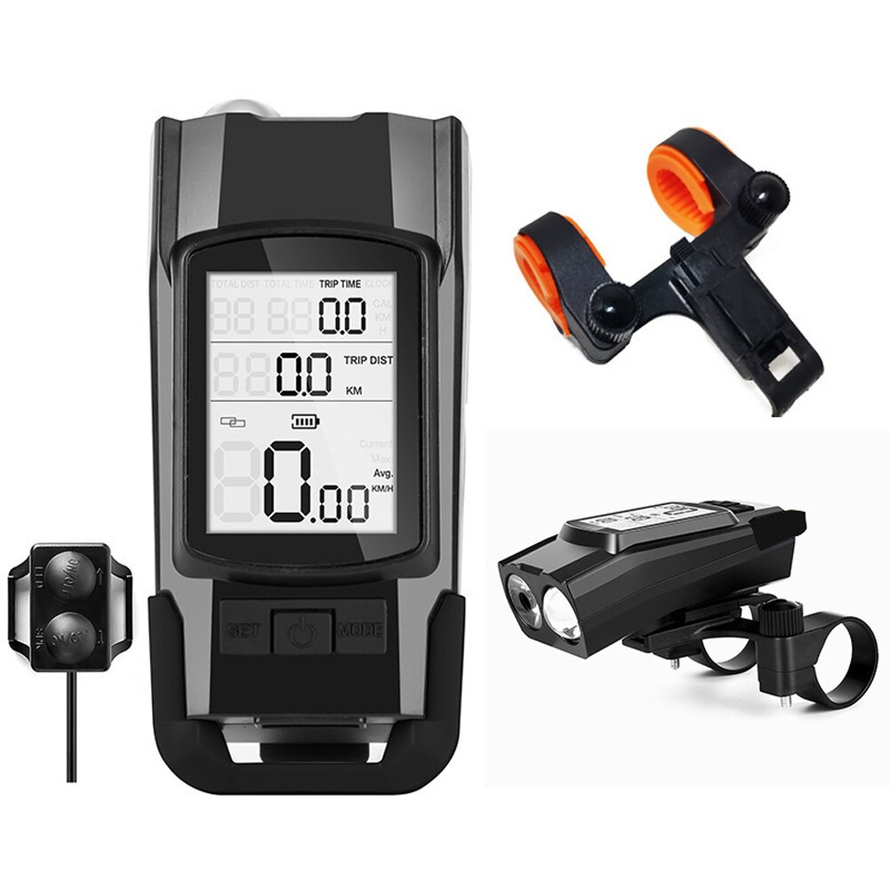 3-in-1 Tachometer + Scheinwerfer + Horn USB Fahrrad Computer 3 Modus Horn Taschenlampe LED Vorderseite Lichter radfahren Tacho: Schwarz Typ2
