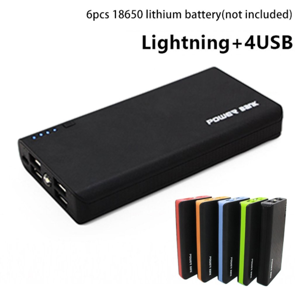 Carcasa de batería portátil con linterna LED, 4 puertos USB, 5V, 2A, Kits de bricolaje alimentados por baterías 6x18650 (no incluidas)