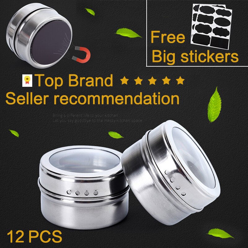 Ensemble de pots à épices magnétiques en acier inoxydable, support de stockage de bouteilles de condiments ménagers avec autocollants, outils de cuisine