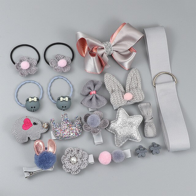18 Piece hair clip set Cute Hair Accessories Girl headwear Bow Flower animal Hairpins hair band cartoon Elastic Headdress: Fuchsia