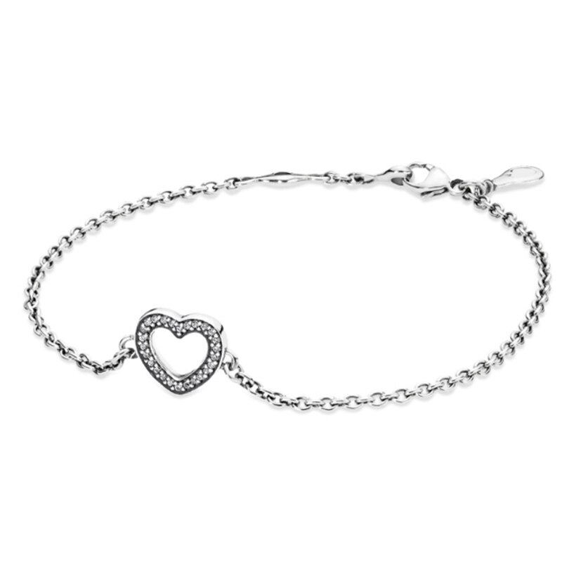 925 Sterling Silver Bracelet Symbol Of Love With Cubic Zirconia Chain Link Bracelet Bangle Fit Women Bead Charm Diy Jewelry