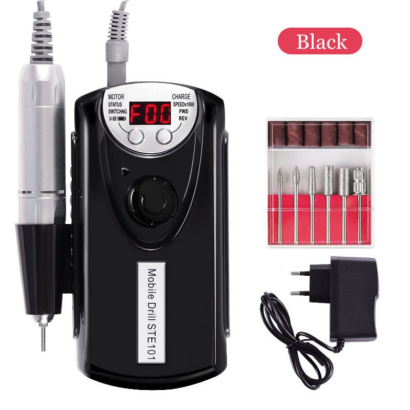 30000RPM Electric Nail Drill Machine Rechargeable Portable Pedicure Nail Polisher Grinding Device Nail Tool: Black / EU