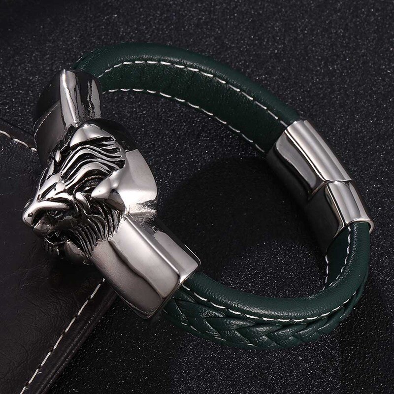 Green Leather Bracelet Men Hip Hop Leo Lion Head Stainless Steel Magnetic Buckle Rock Punk Bangles Party Jewelry SP0823