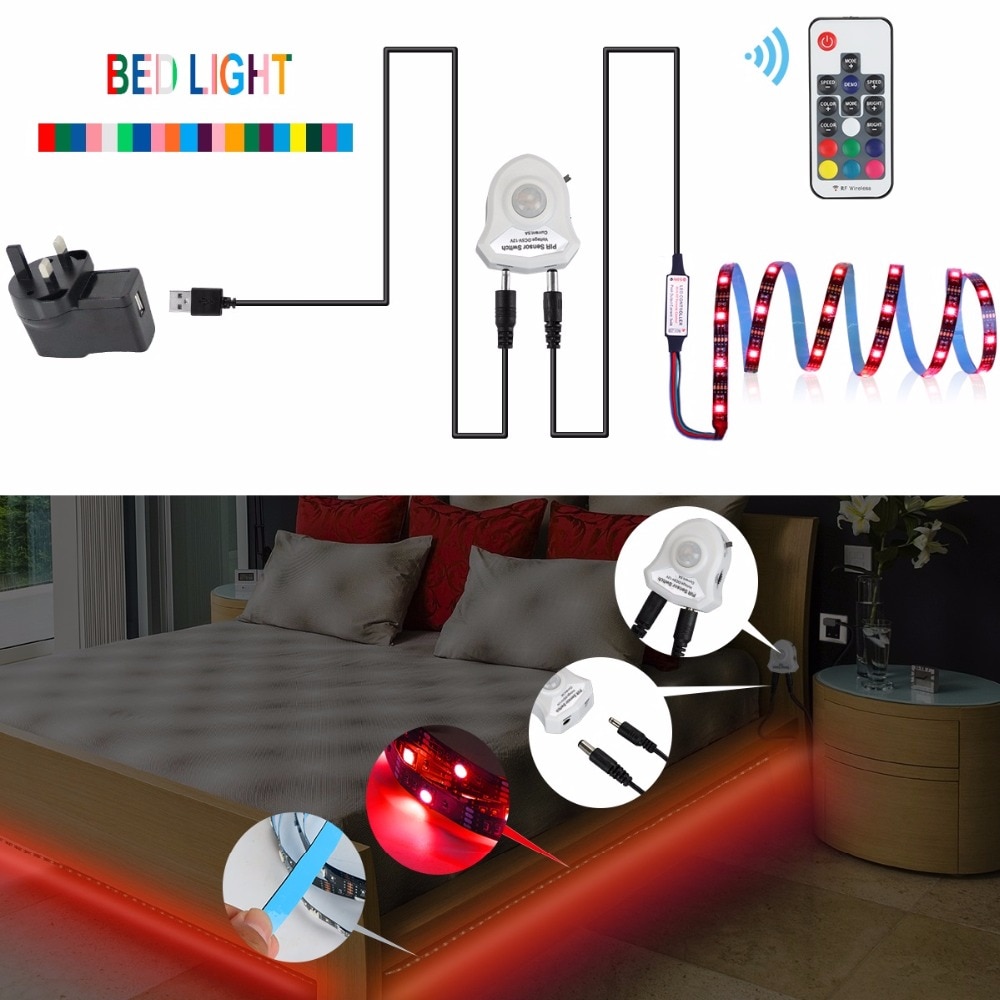 Draadloze PIR Motion nachtlampje Sensor 5050 rgb LED Strip Waterdicht Slaapkamer Night Bed Trap Kast Licht Decoratie 5 v