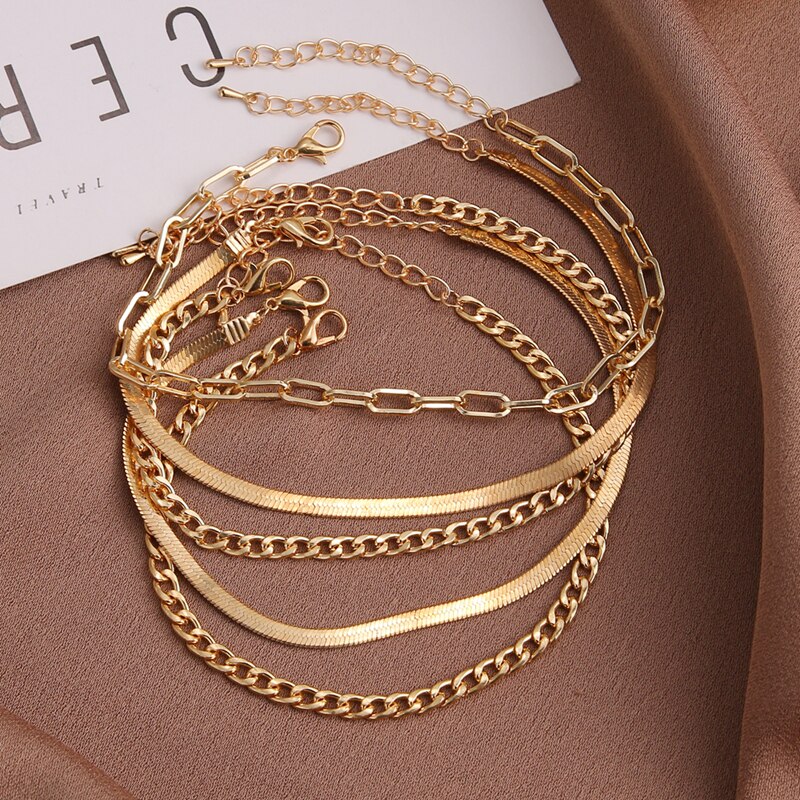 Vkme 5Pcs Trendy Multilayered Chains Enkelbanden Set Voor Vrouwen Meisjes Gold Dikke Ketting Enkelbandje Voet Enkelband Been Keten sieraden