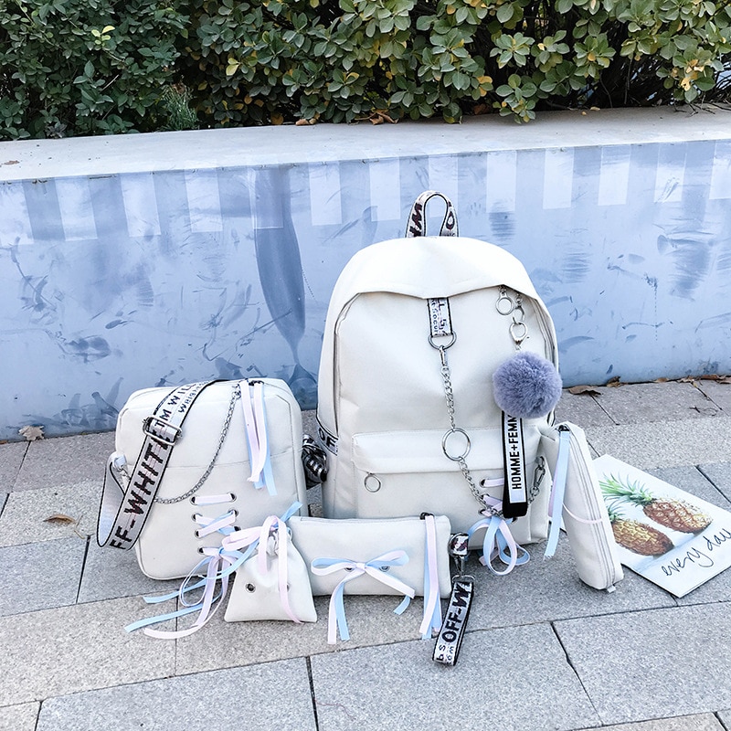 Catena di Borsa di Tela Femminile Del Sacchetto di Libro Zaino 5 Pz/set di Scuola Borsa da Viaggio Zaino Pacchetto di Modo Della Nappa Delle Donne Adolescenti Adolescenti Ragazza 2019: chain white  sets