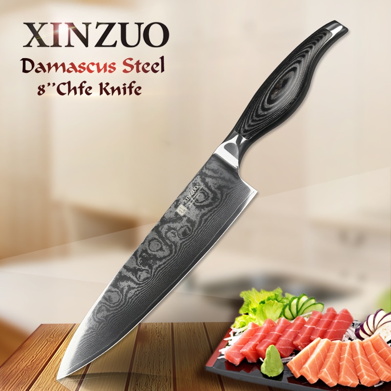 Xinzuo 8 '' pro kokkekniv  vg10 damaskus stål rustfrit stål japan køkkenknive kød grøntsagskniv pakkawood håndtag