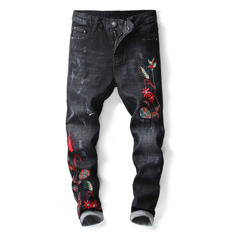 nouvelle noir broderie fleur maigre jean hommes Vintage déchiré fermeture éclair mendiant pantalon classique Denim Biker pantalon: 38