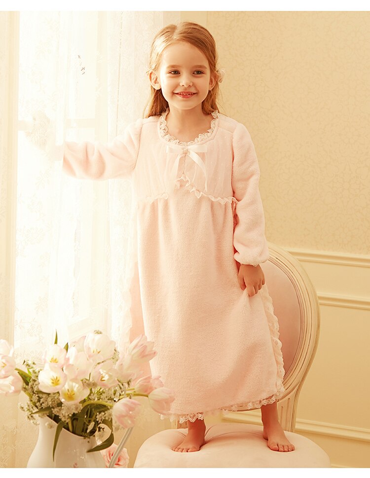 Winter Girls Flannel Nightgown Long Sleeve Lace Hem Nightdress 3-12y Kid Thicken Warm Sleeping Dress Baby Girl Leisure Home Wear