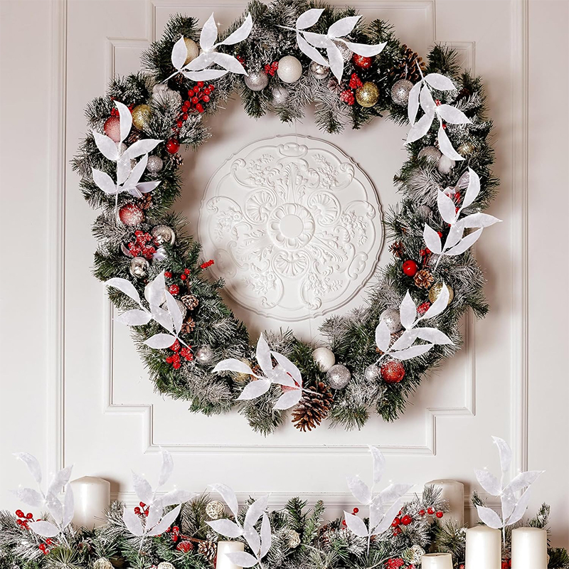 Weiße Weihnachts-Glitzerblätter, 34 cm, künstliche Weihnachtsbaumzweige für Weihnachtsbaum, Heimdekoration, DIY-Kranz, Basteln,