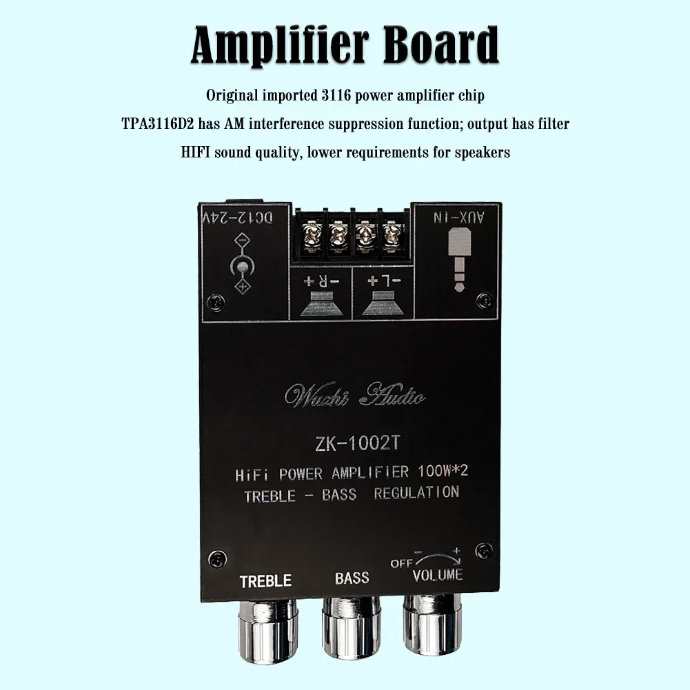 Amplificador Compatible con Bluetooth, ZK-1002T, HIFI, 2,0 canales, 100Wx2, Kit de módulo de Audio, ajuste de Subwoofer, canal de placa amplificadora