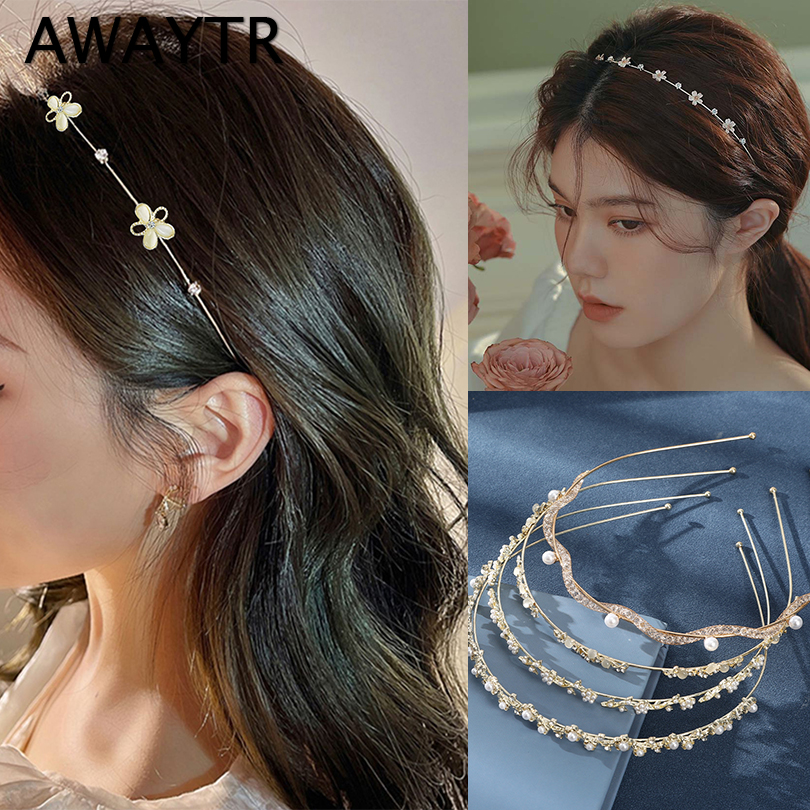 AWAYTR-Diadema con aro para el pelo para mujer, diadema deportiva ondulada, diadema de flores, diademas de cristal, accesorios para el cabello de aleación dorada para niña