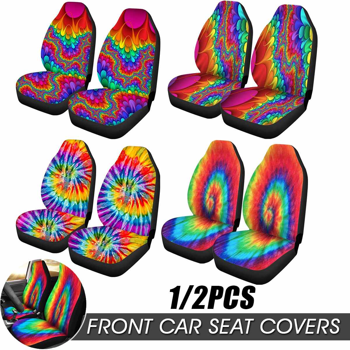 2pcs Front Car Seat Cover Automobiles Seat Covers Protector Cushion Fabric Cases Rainbow Universal For Sedan SUV Truck Auto