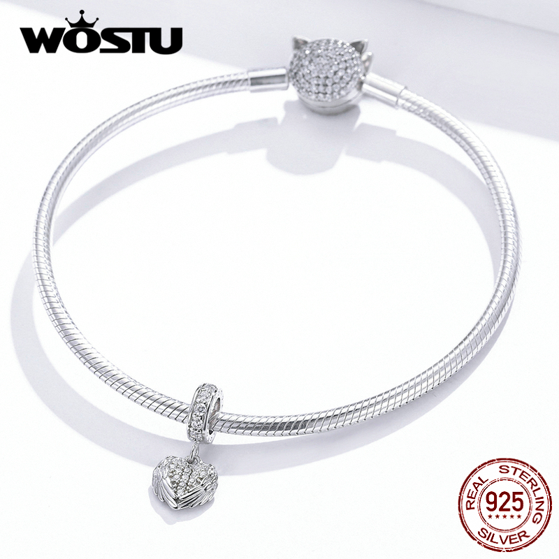 Wostu 100% 925 prata esterlina asa do coração encantos zircão grânulo caber pulseira original diy pingente moda jóias de casamento ctc138