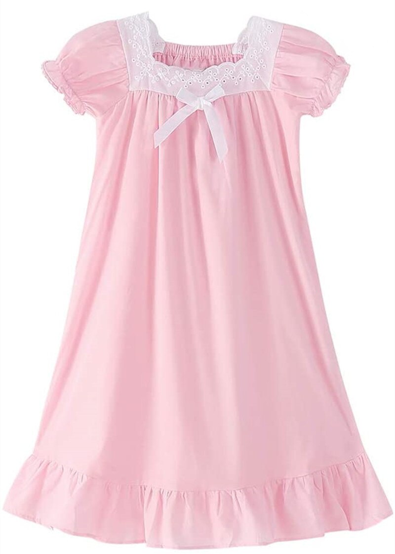 Girls White Pajama Kids Lace Princess Nightgown Dress Summer Girl Soft Cotton Sleepwear Sleeve Teen Pyjamas Children Homewear: Pink / 150cm11-12Y