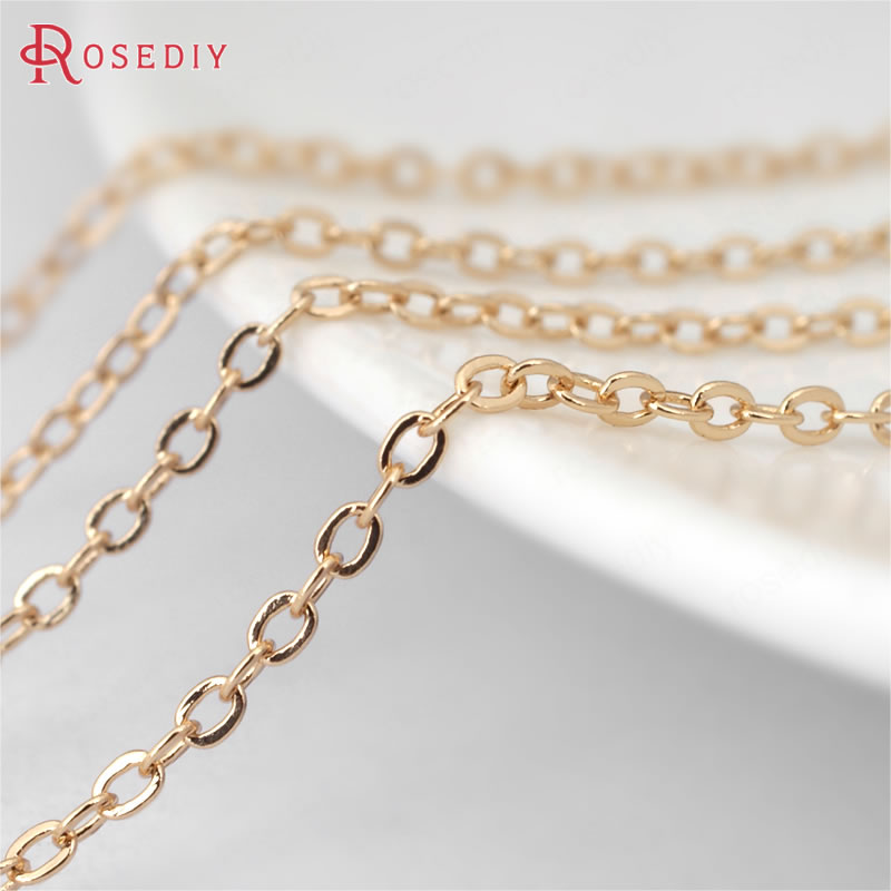 2 Meters width:1.5MM 2MM 24K Champagne Gold Color Brass Flat Oval Chains Necklace Chains Jewelry Accessories