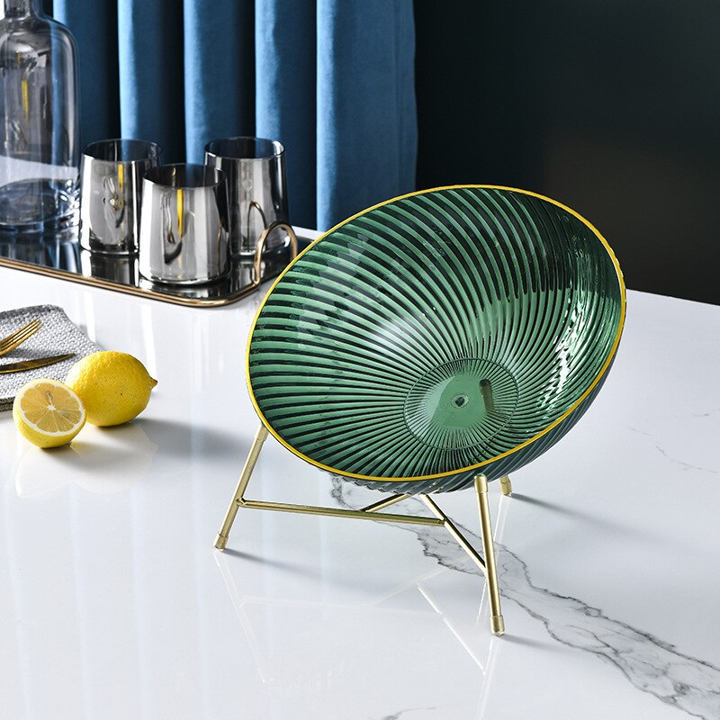 Cuencos de plástico para servir frutas, Bol redondo transparente para ensalada, plato de aperitivos con borde dorado, con estante de Metal, contenedor de comida para: Green with Rack