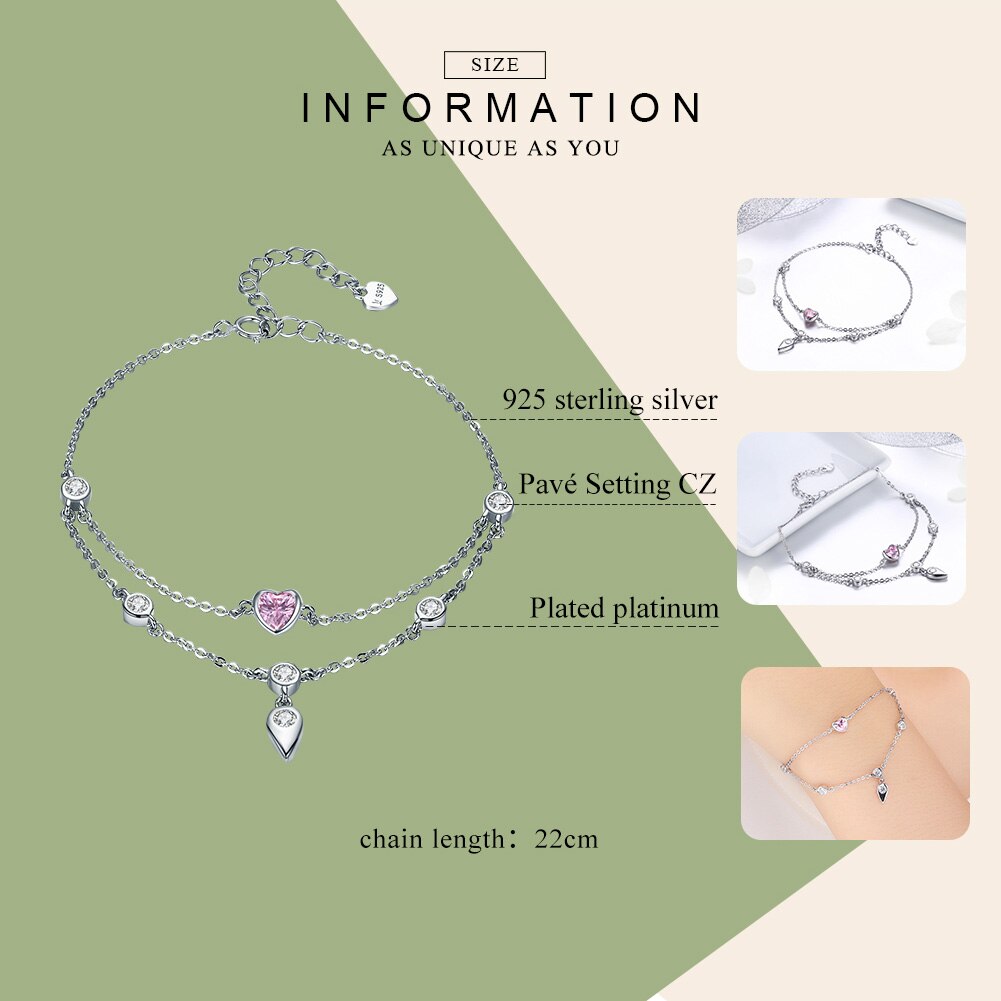 Bamoer romântico novo 925 prata esterlina doce coração rosa cz camadas duplas pulseiras para mulher prata esterlina jóias scb090