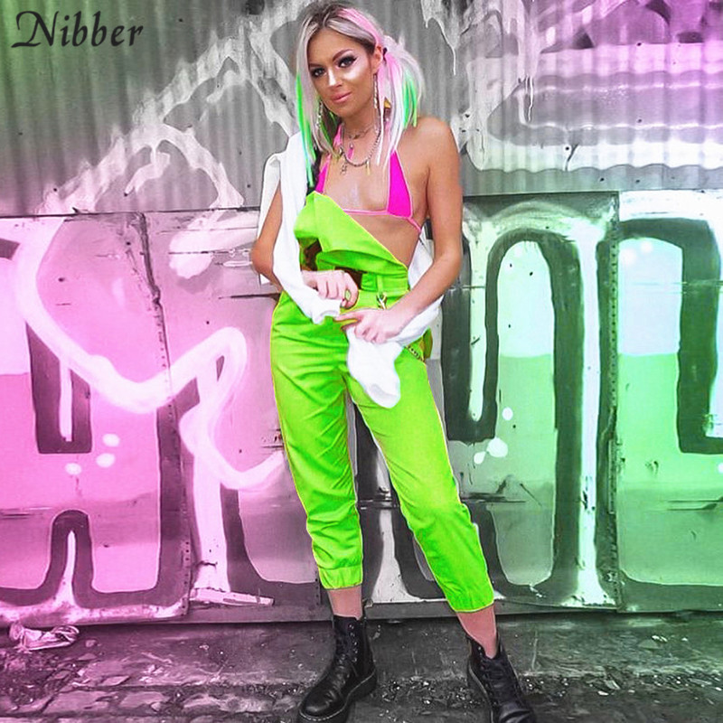Nibber Fluorescent green Bib pants women's Street black casual pants playsuits 2019spring ladies Solid Full jumpsuits
