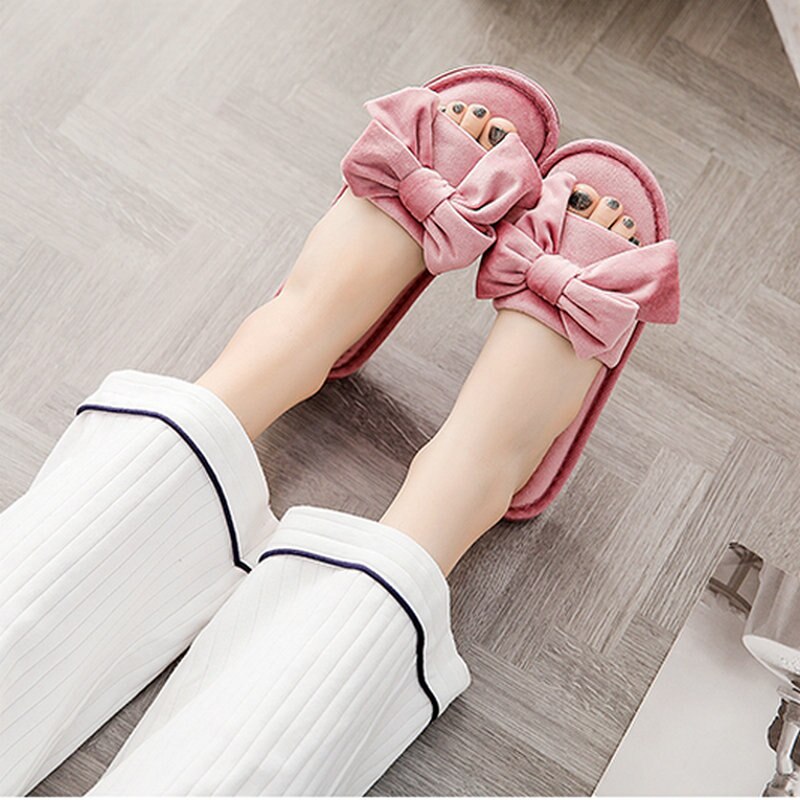 Pantufas femininas soladas e antiderrapantes, sapatos de mulher com laço e sola macia, para quarto e primavera chinelos