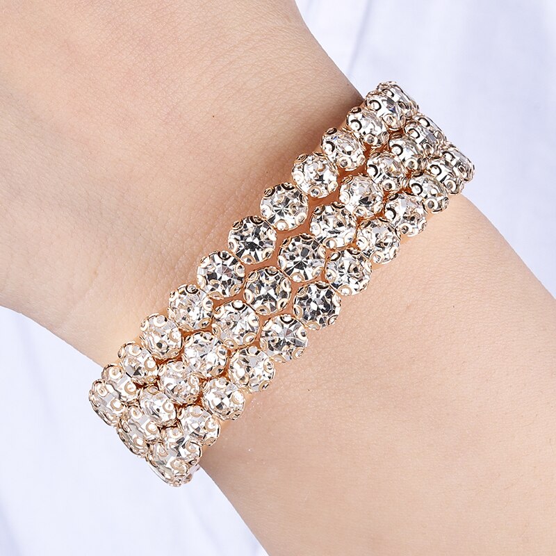 luxus Frauen Multi Schichten Kristall Strass Armbänder Armreifen Gold Farbe Einstellbar Hochzeit Pulseras Schmuck Heißer